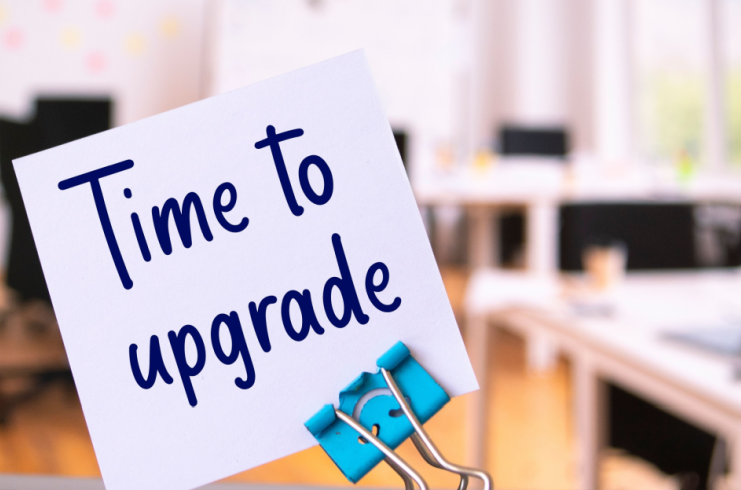 A sticky note labeled 'Time to Upgrade' suggesting a need to upgrade a device due to the end of Support for Windows 10.